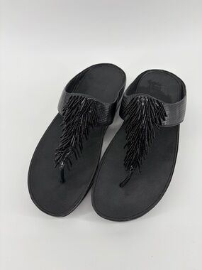 FitFlop Cha Cha Rumba Black Beaded Toe Post Sandals, Foot Support, Women's Sz 10